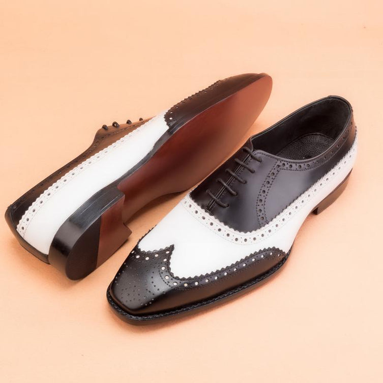 Handmade Men Black and White Leather Brogue Shoes, Formal dress Shoes