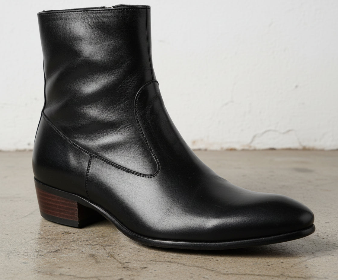 Handmade Men Black Ankle Leather Boot, Mens Side Zipper Boot, Mens Boot - detail-view-showing-texture