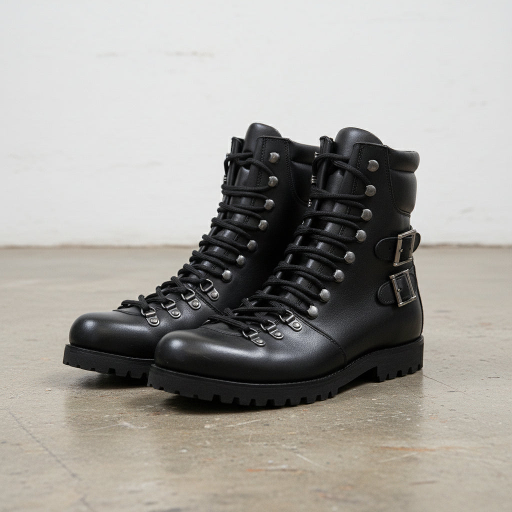 Handmade Men Black Biker Leather Boots, Men Combat Punk Style ankle boots - 3-4-right-view