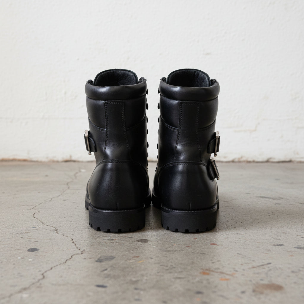 Handmade Men Black Biker Leather Boots, Men Combat Punk Style ankle boots - back-view