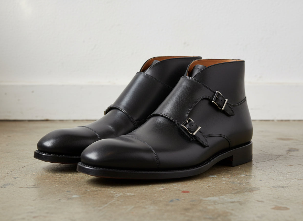Handmade Men Black Boots, Double Monk Strap Boot, Leather Boots Formal - angle-view-showing-depth