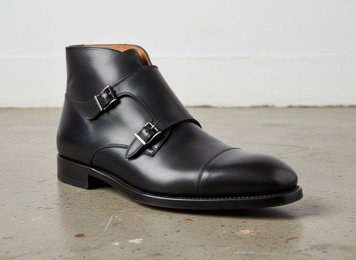 Handmade Men Black Boots, Double Monk Strap Boot, Leather Boots Formal - detail-view-showing-texture