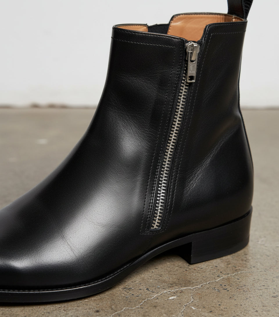 Handmade Men Black Chelsea Leather Boots, Fashion Side Zipper Boot