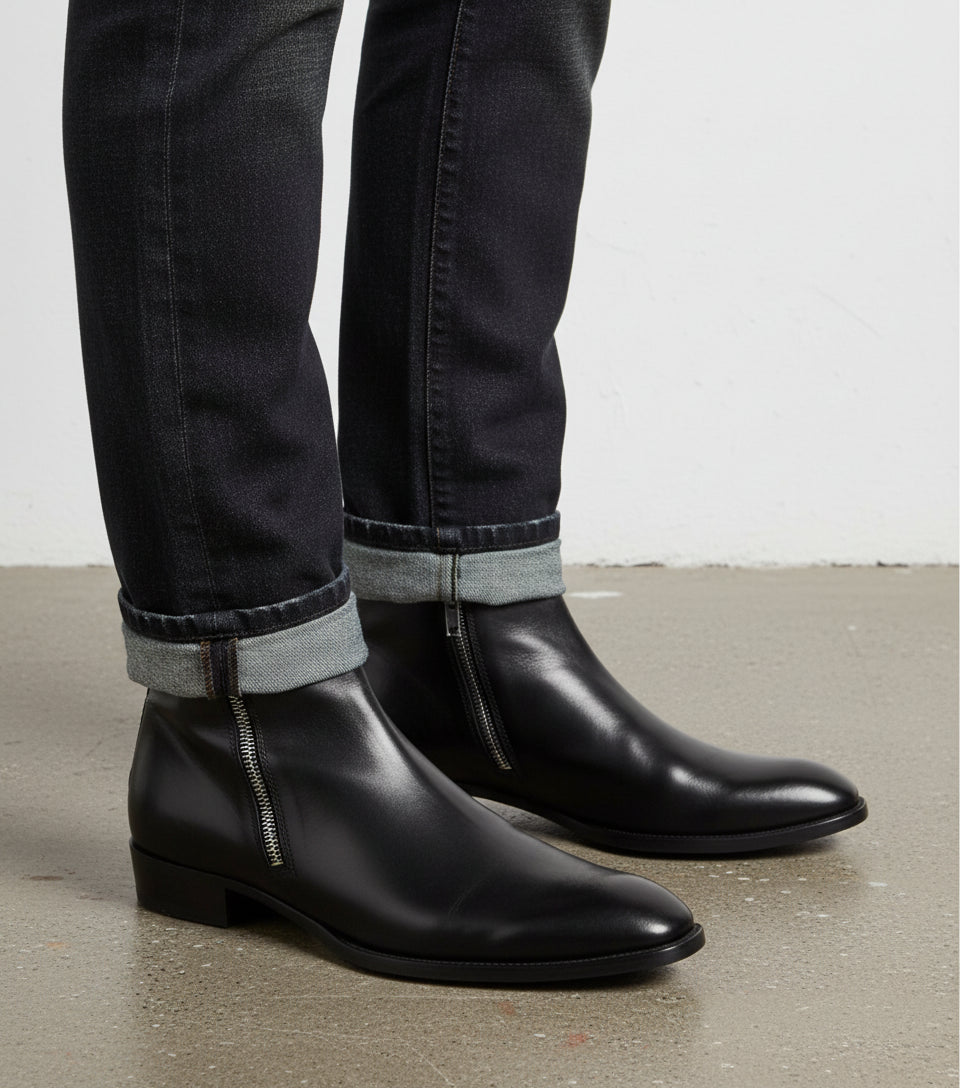 Handmade Men Black Chelsea Leather Boots, Fashion Side Zipper Boot