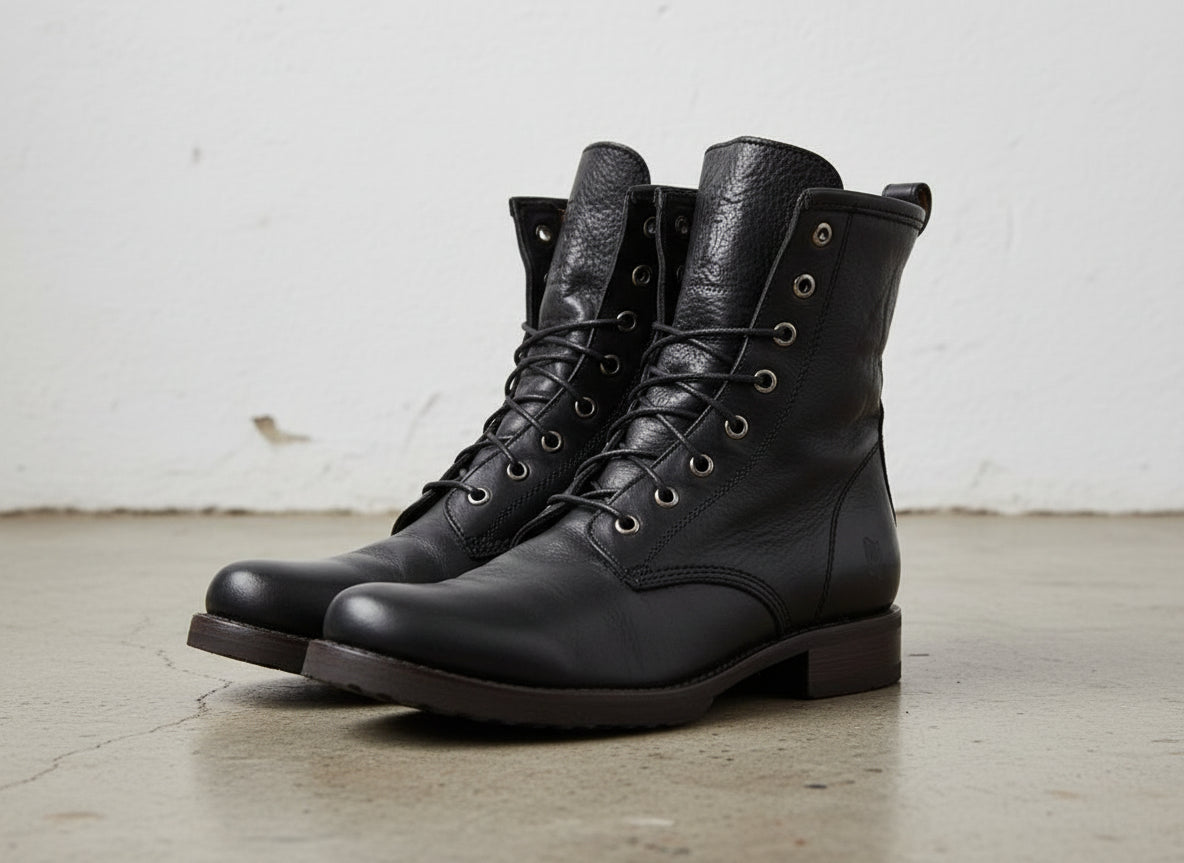 Handmade Men Black Combat Boots, Boot, Mens Lace up Boots - angle-view-showing-depth