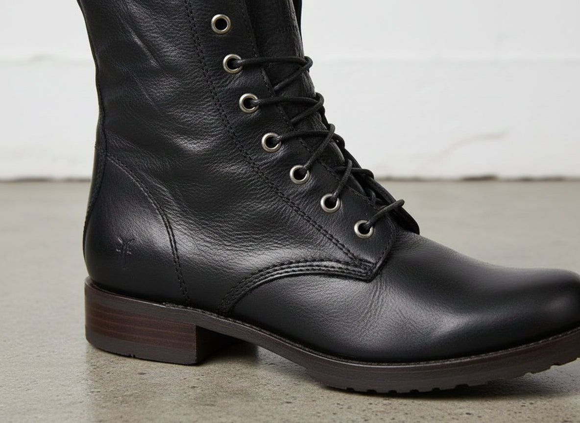 Handmade Men Black Combat Boots, Boot, Mens Lace up Boots - detail-view-showing-texture