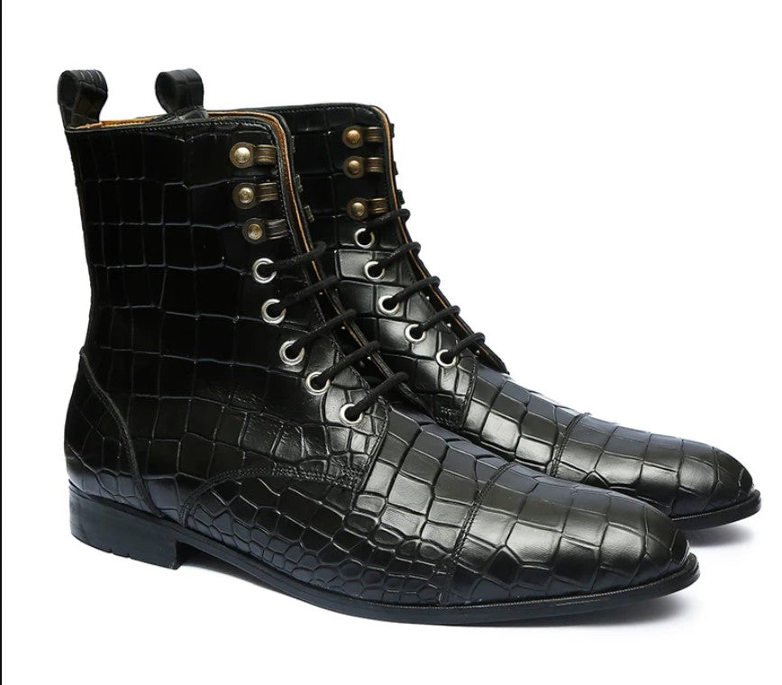 Handmade Men Black crocodile boots, Men alligators boot, Men lace up boots