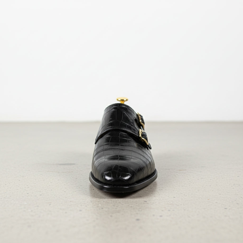 Handcrafted Black Crocodile Leather Double Monk Dress Shoes
