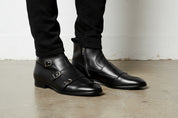 Handmade Men Black Double Monk With Side Zipper Ankle Boot, Ankle Boots - 3-4-right-view