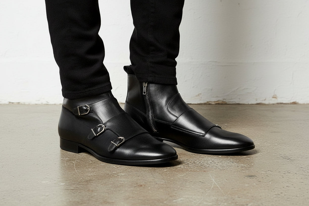 Handmade Men Black Double Monk With Side Zipper Ankle Boot, Ankle Boots - 3-4-right-view