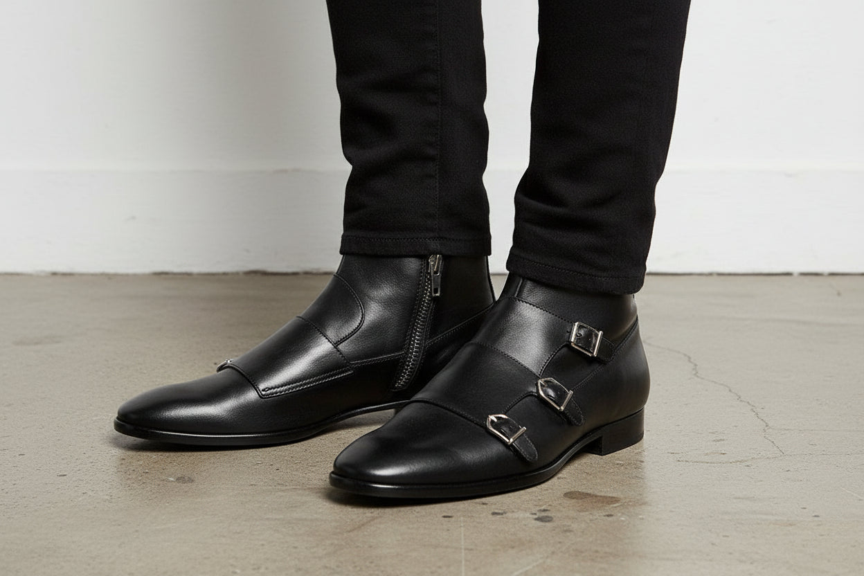 Handmade Men Black Double Monk With Side Zipper Ankle Boot, Ankle Boots - angle-view-showing-depth