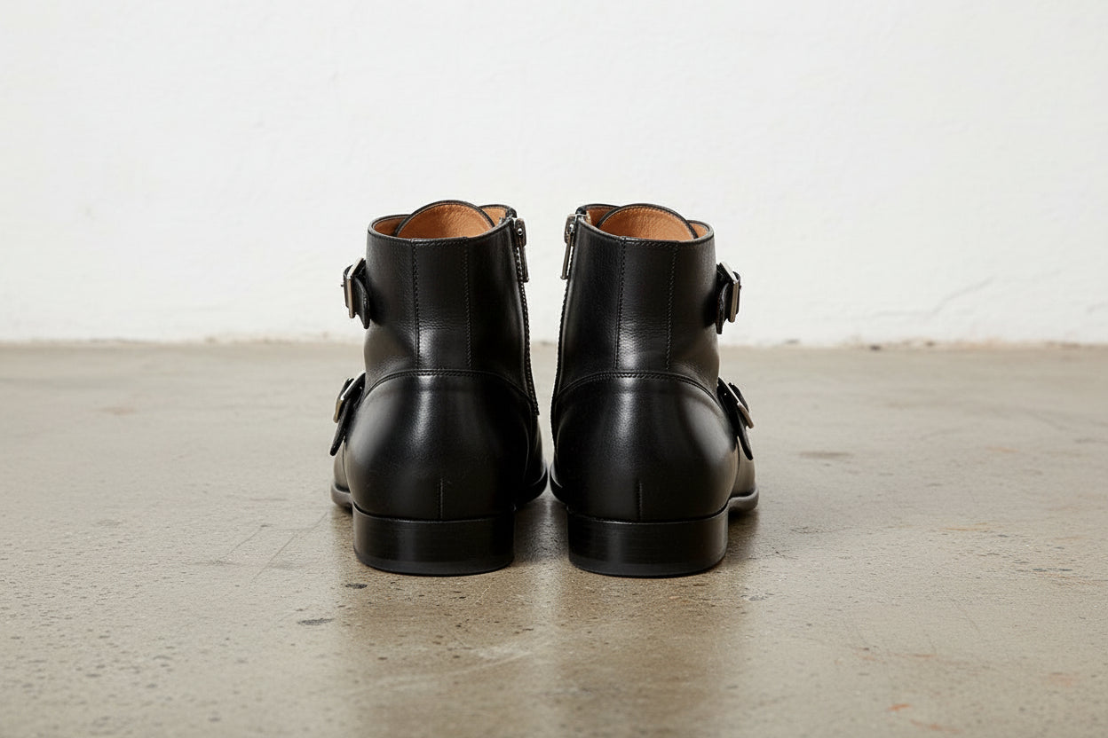 Handmade Men Black Double Monk With Side Zipper Ankle Boot, Ankle Boots - back-view