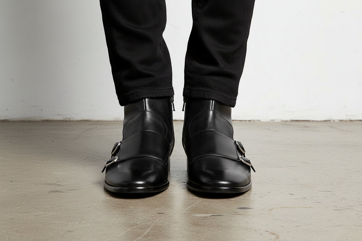 Handmade Men Black Double Monk With Side Zipper Ankle Boot, Ankle Boots - front-view