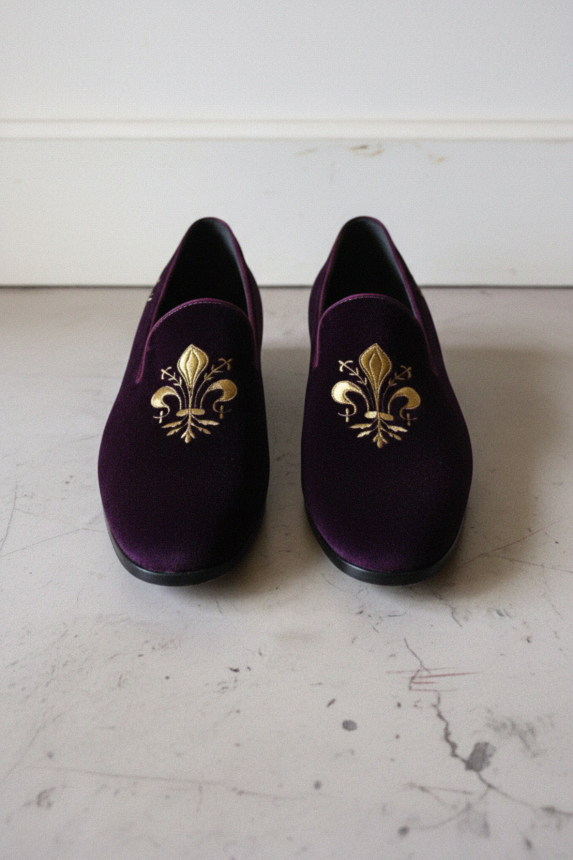 Handmade Men Black Embroidered Loafer Velvet Shoes, Velvet Shoes - front-view