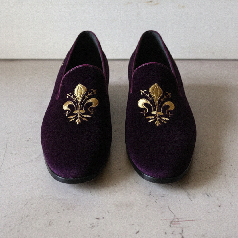 Handmade Men Black Embroidered Loafer Velvet Shoes, Velvet Shoes - front-view