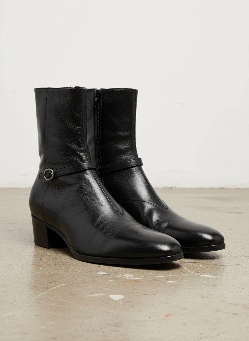 Handmade Men black high heel zipper boot, Mens classic ankle dress boots