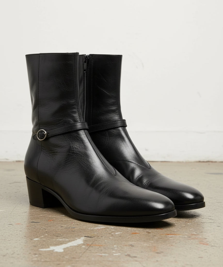 Handmade Men black high heel zipper boot, Mens classic ankle dress boots