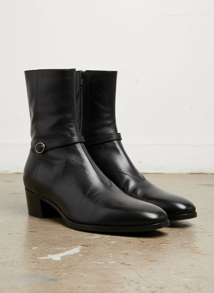 Handmade Men black high heel zipper boot, Mens classic ankle dress boots