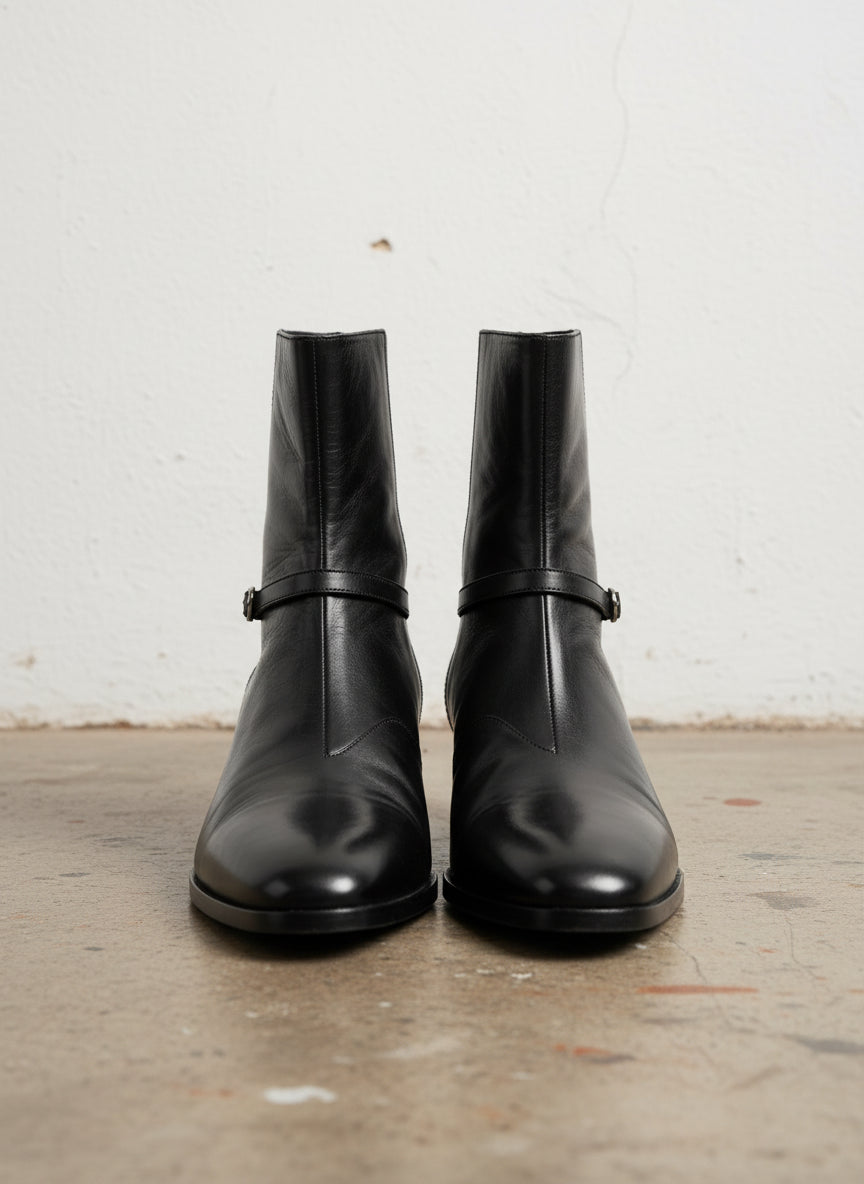 Handmade Men black high heel zipper boot, Mens classic ankle dress boots