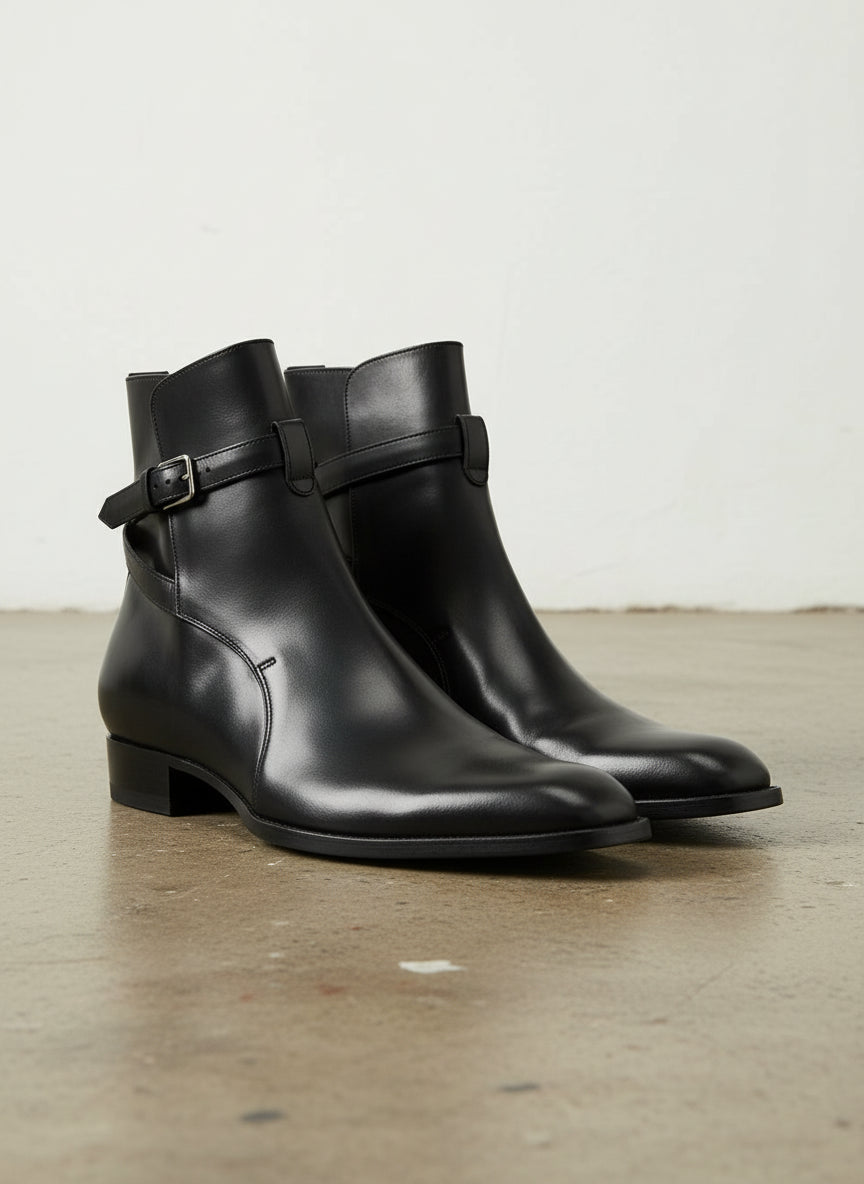 Handmade Men Black Jodhpurs Ankle Boot, Ankle High Leather Boot - angle-view-showing-depth