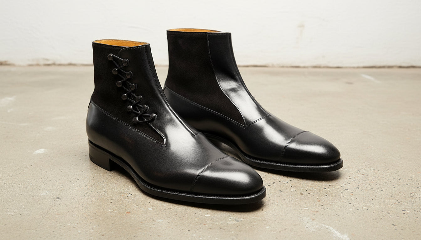 Handmade Men Black Lace Up Ankle Boots, Mens Fashion Cap Toe Ankle Boots - angle-view-showing-depth