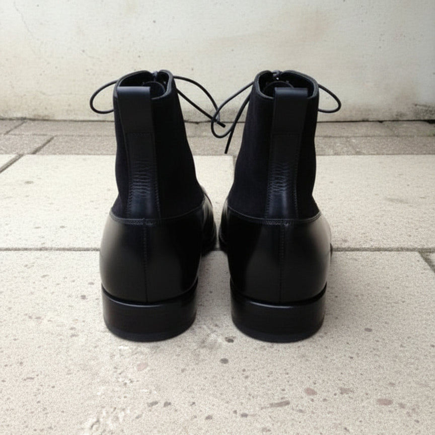 Handmade Men Black Leather And Suede Lace Up Boot, Mens Ankle Leather Boots