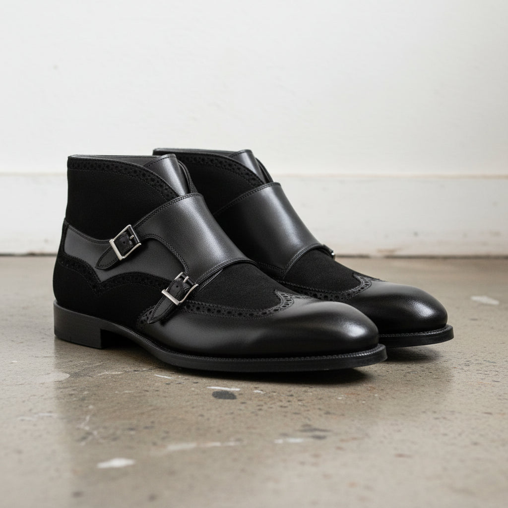 Handcrafted Black Leather Monk Strap Chukka Boots