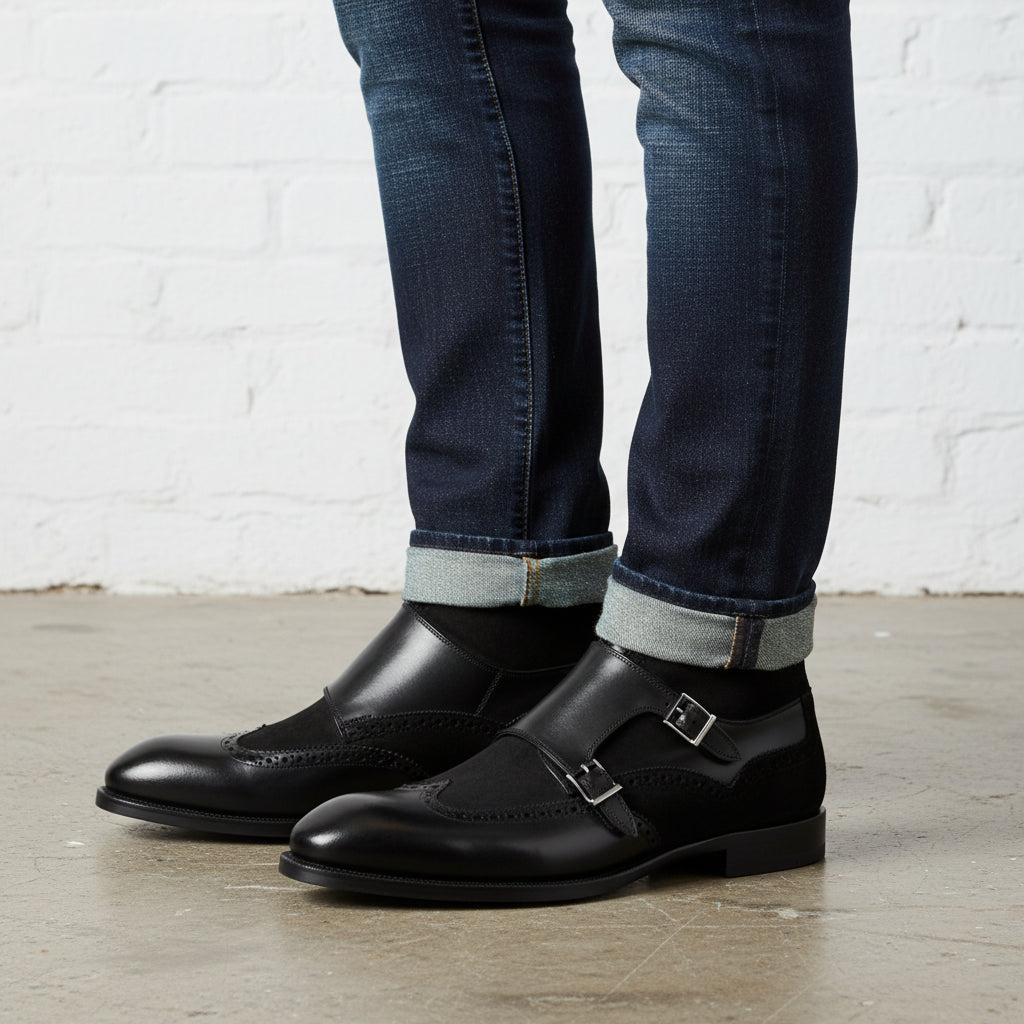 Handmade Men Black Leather Boots, Black Monk Strap Wingtip Boot US 7 / Walnut Handmade Men Black Leather Boots, Black Monk Strap Wingtip Boot US 7 / Walnut