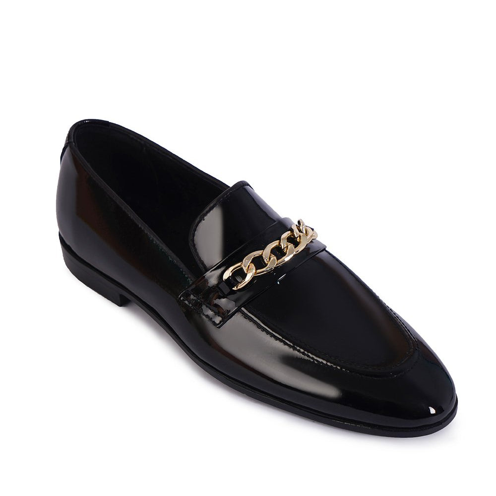 Handmade Men Black Leather Chain Loafer Shoes, Chunky Chain Loafers