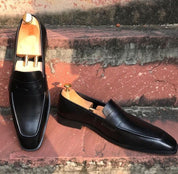 Handmade Men black leather Dress shoes, Leather moccasins slip ons