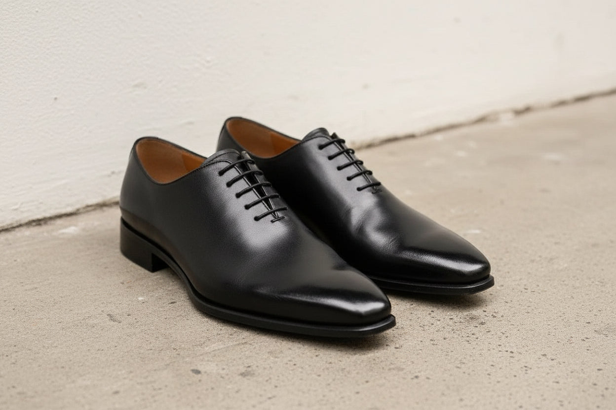 Handmade Men black Leather Oxford shoes, Men black leather tuxedo shoes - angle-view-showing-depth