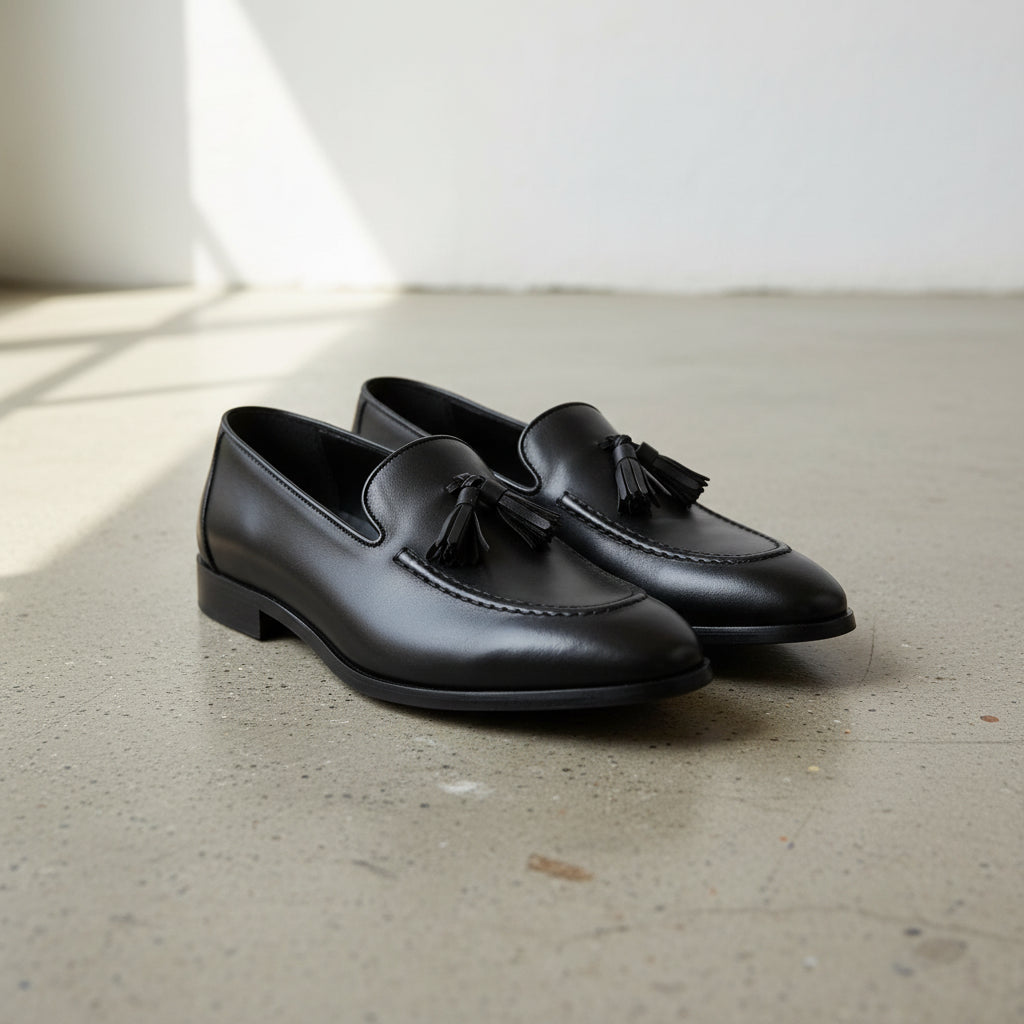 Handmade Men Black leather Tassels moccasins, Black leather moccasins shoes - angle-view-showing-depth