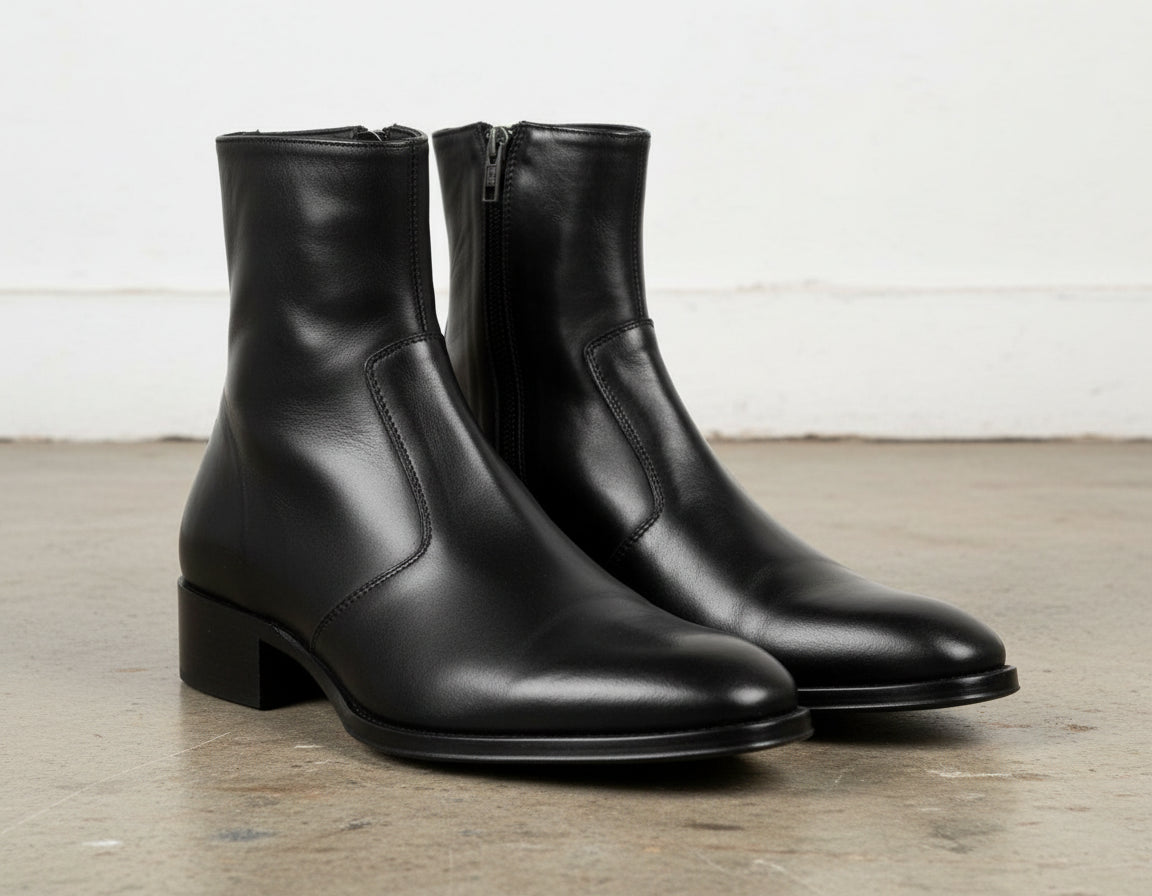 Handmade Men Black Leather Zip Boots, Engineer Boots, Winter Biker Boots - angle-view-showing-depth