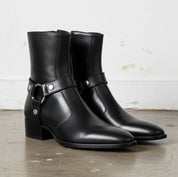 Handmade Men Black Leather Zip Boots with Cuban Heel - angle-view-showing-depth