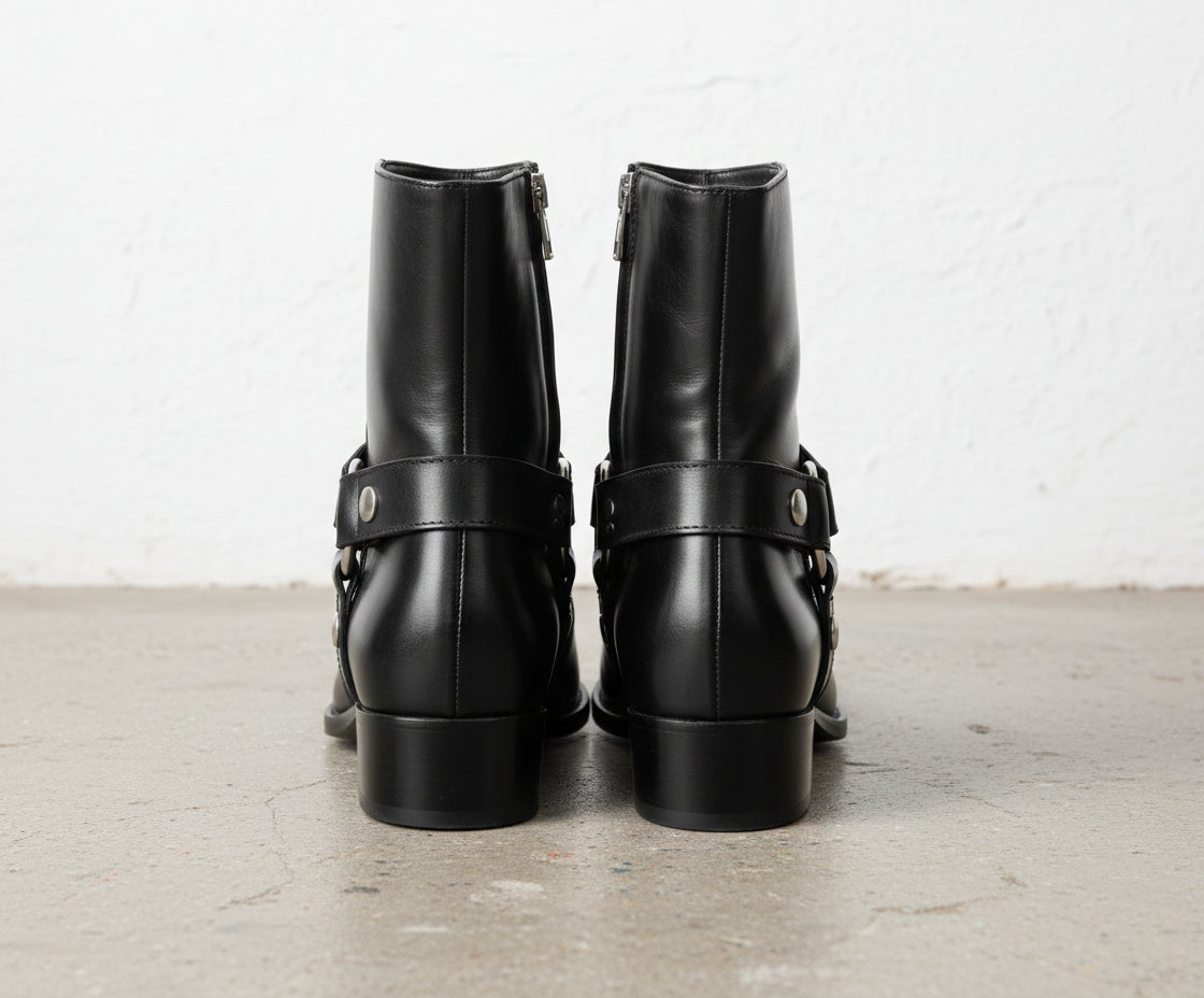 Handmade Men Black Leather Zip Boots with Cuban Heel - back-view