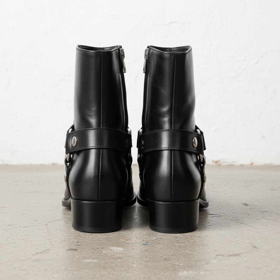 Handmade Men Black Leather Zip Boots with Cuban Heel - back-view