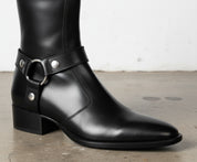 Handmade Men Black Leather Zip Boots with Cuban Heel - detail-view-showing-texture
