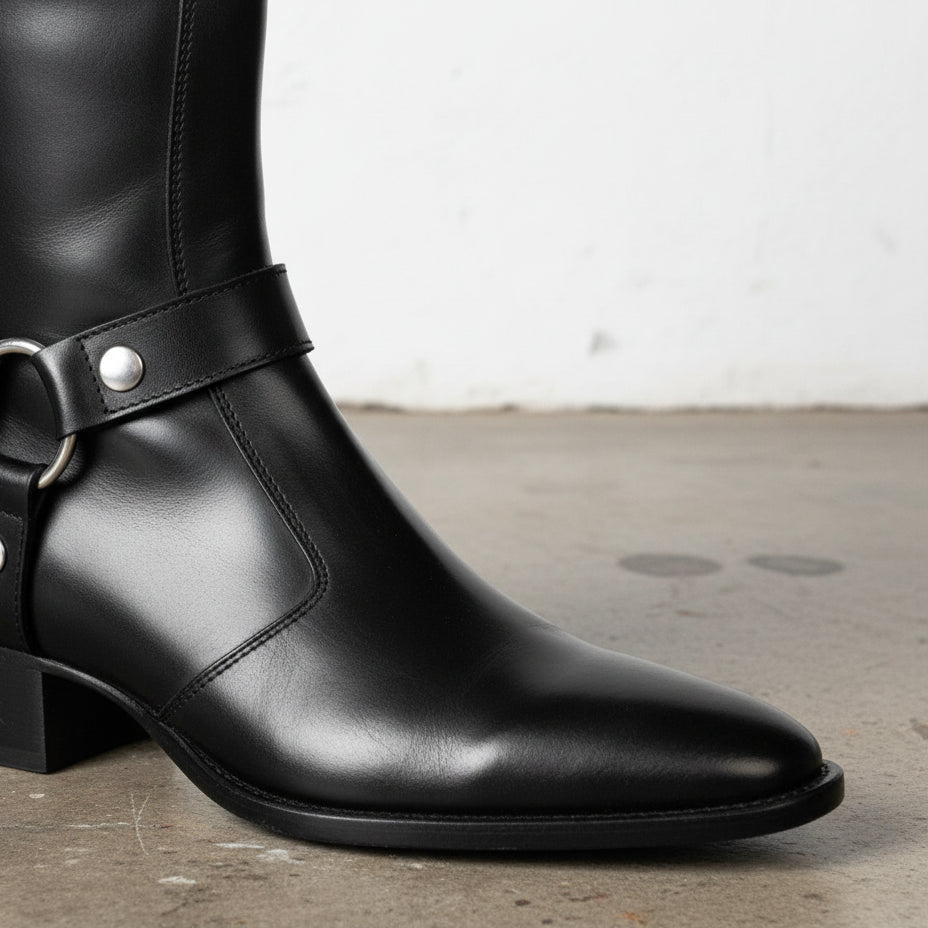 Handmade Men Black Leather Zip Boots with Cuban Heel - detail-view-showing-texture