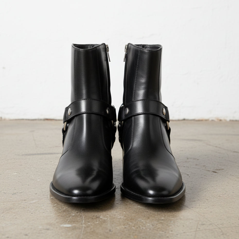 Handmade Men Black Leather Zip Boots with Cuban Heel - front-view