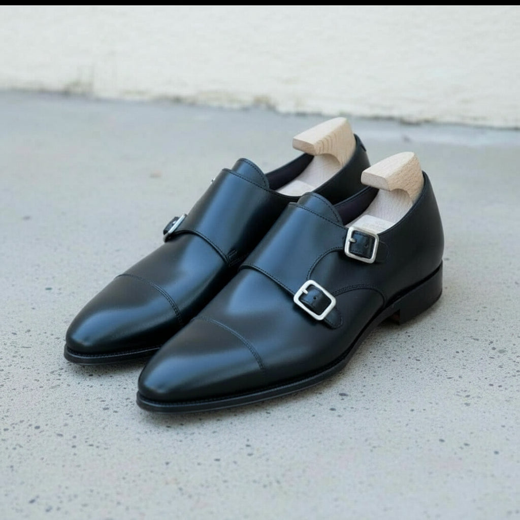 Handmade Men Black Monk Strap Leather shoes, Formal Monk Strap Dress Sh - angle-view-showing-depth