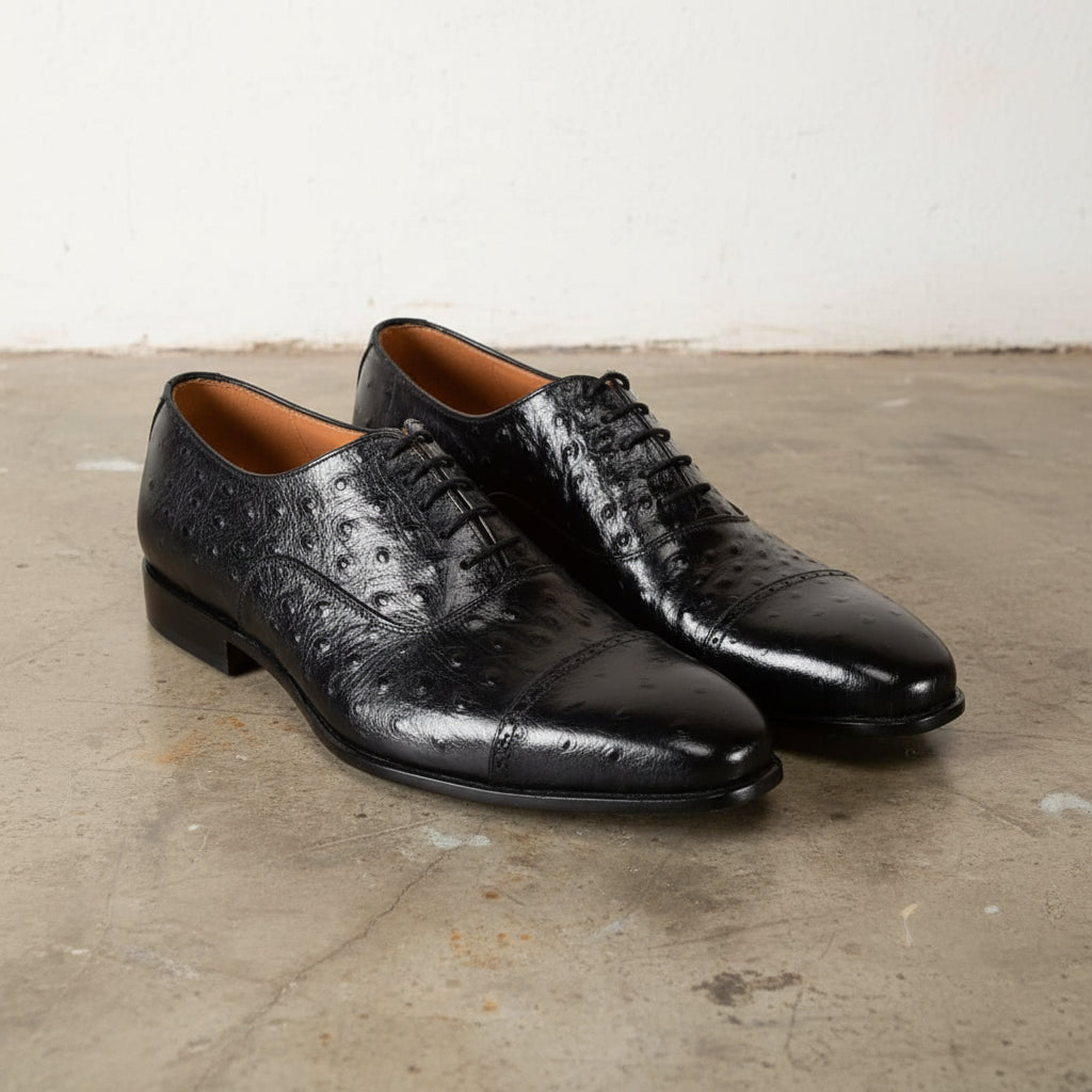Handmade Men Black Ostrich Leather Formal Dress Shoes,Oxford Business Shoes - angle-view-showing-depth