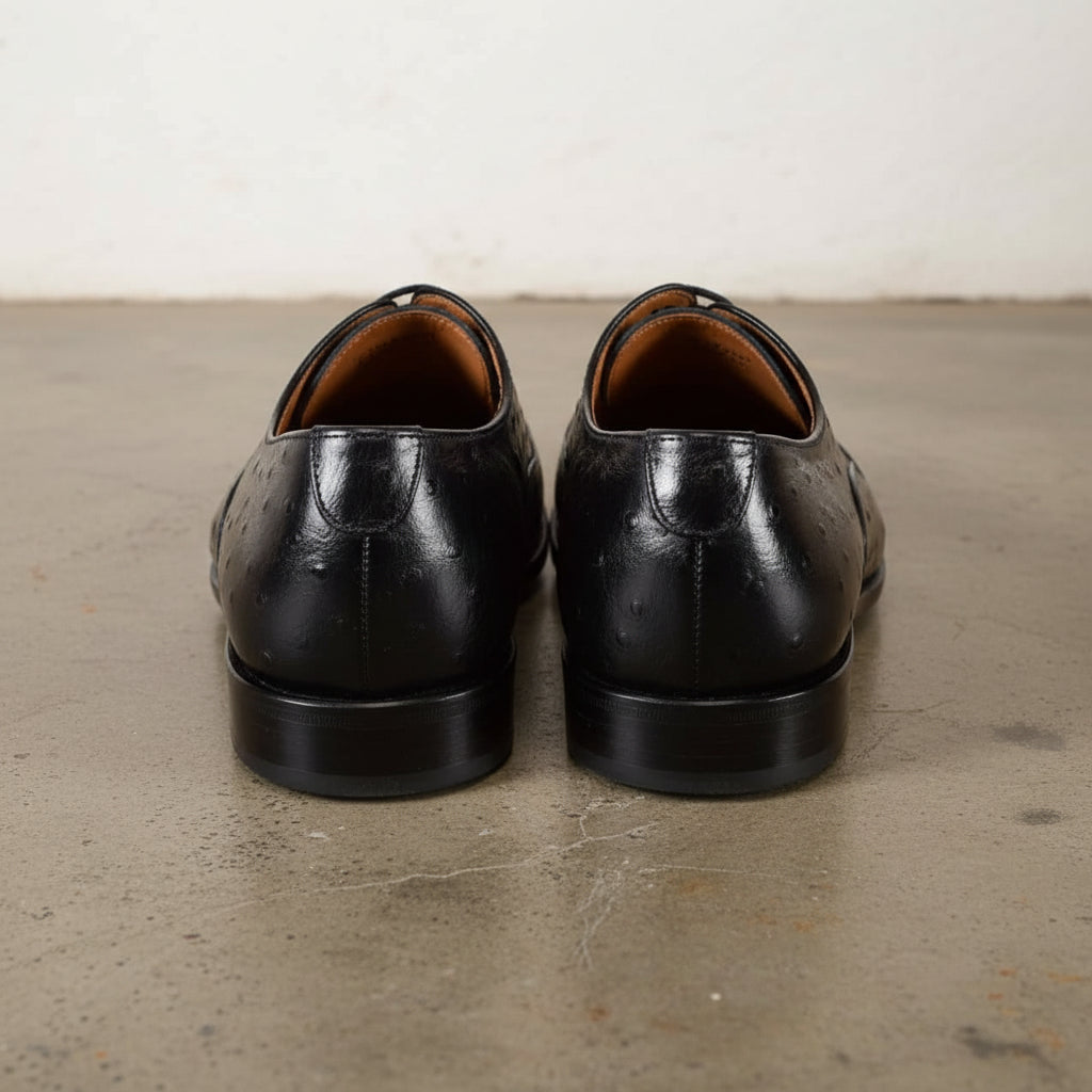 Handmade Men Black Ostrich Leather Formal Dress Shoes,Oxford Business Shoes - back-view
