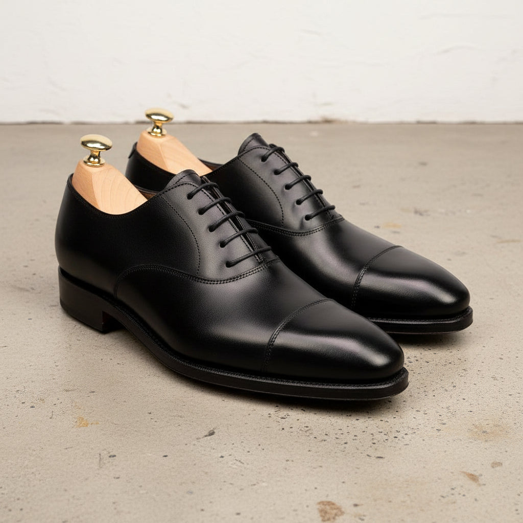 Handmade Men black Oxford leather dress shoes, Men black business shoes - 3-4-right-view