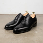 Handmade Men black Oxford leather dress shoes, Men black business shoes - angle-view-showing-depth