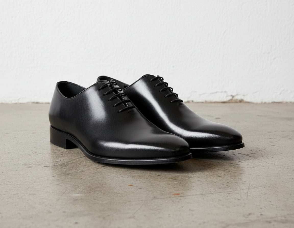 Handmade Men Black Oxfords shoes, Men dress shoes, Black tuxedo shoes - angle-view-showing-depth