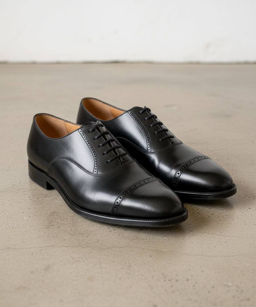 Handmade Men Black Oxfors leather shoes, Men brogue black dress shoes - angle-view-showing-depth
