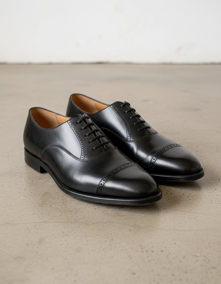 Handmade Men Black Oxfors leather shoes, Men brogue black dress shoes - angle-view-showing-depth
