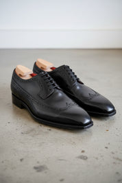 Handmade Men Black Oxfors leather shoes, Men wingtip dress shoes - angle-view-showing-depth
