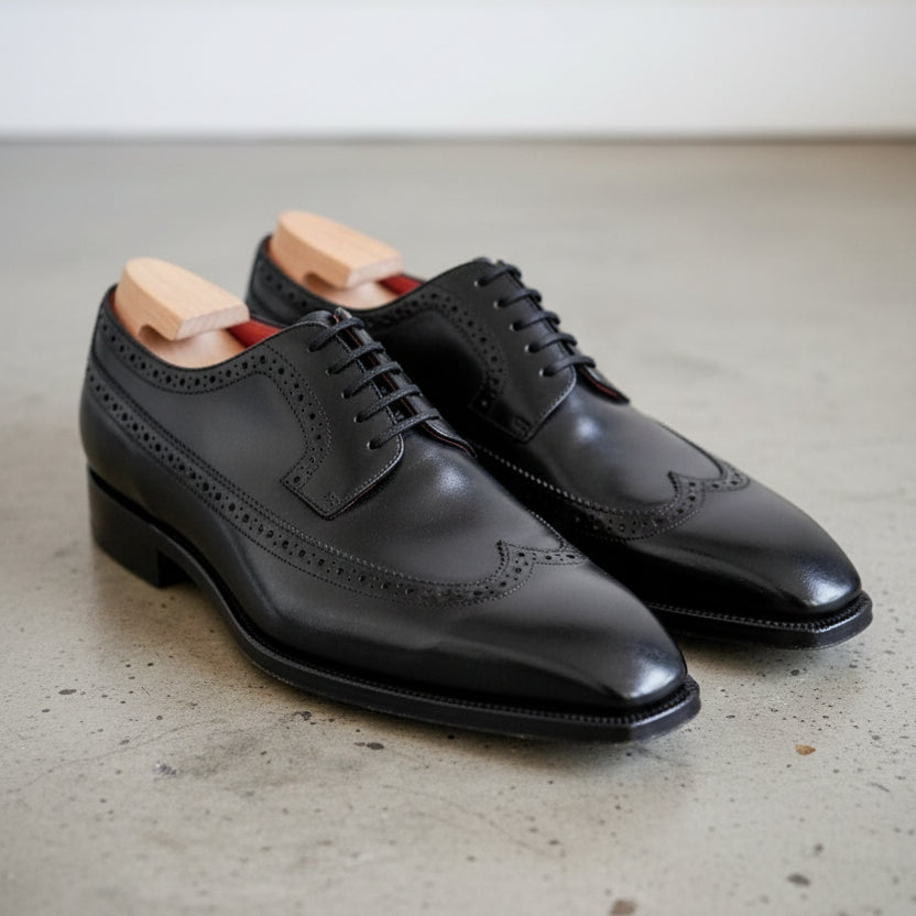 Handmade Men Black Oxfors leather shoes, Men wingtip dress shoes - angle-view-showing-depth
