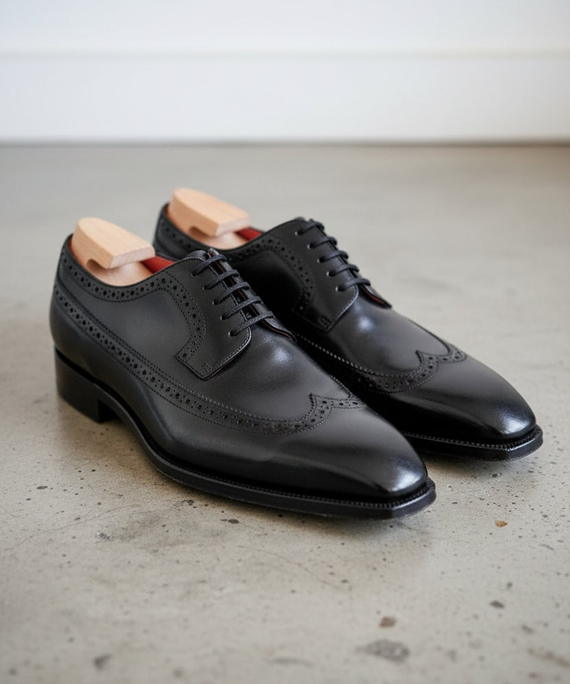 Handmade Men Black Oxfors leather shoes, Men wingtip dress shoes - angle-view-showing-depth